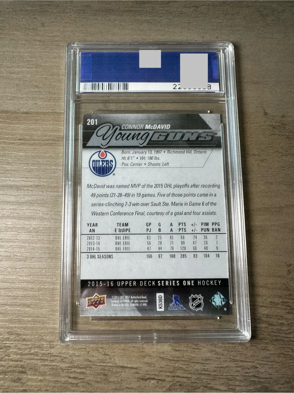 Connor McDavid Rookie Gem Mint 10 2015 Upper Deck Young Guns #201 Novelty Card